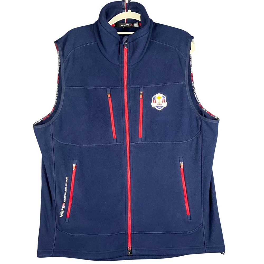 RLX‎ Ralph Lauren Fleece Vest Mens Large Navy 2018 Ryder Cup USA Zip Golf